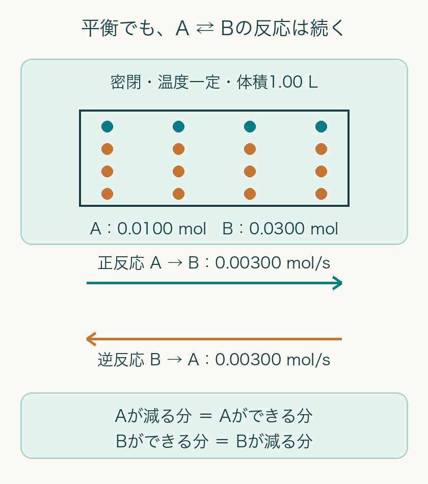 Aは0.0100 mol、Bは0.0300 mol。正逆に毎秒0.00300 molずつ変わるので、各物質の正味の変化は0です。丸は同じ物質量の目印です。