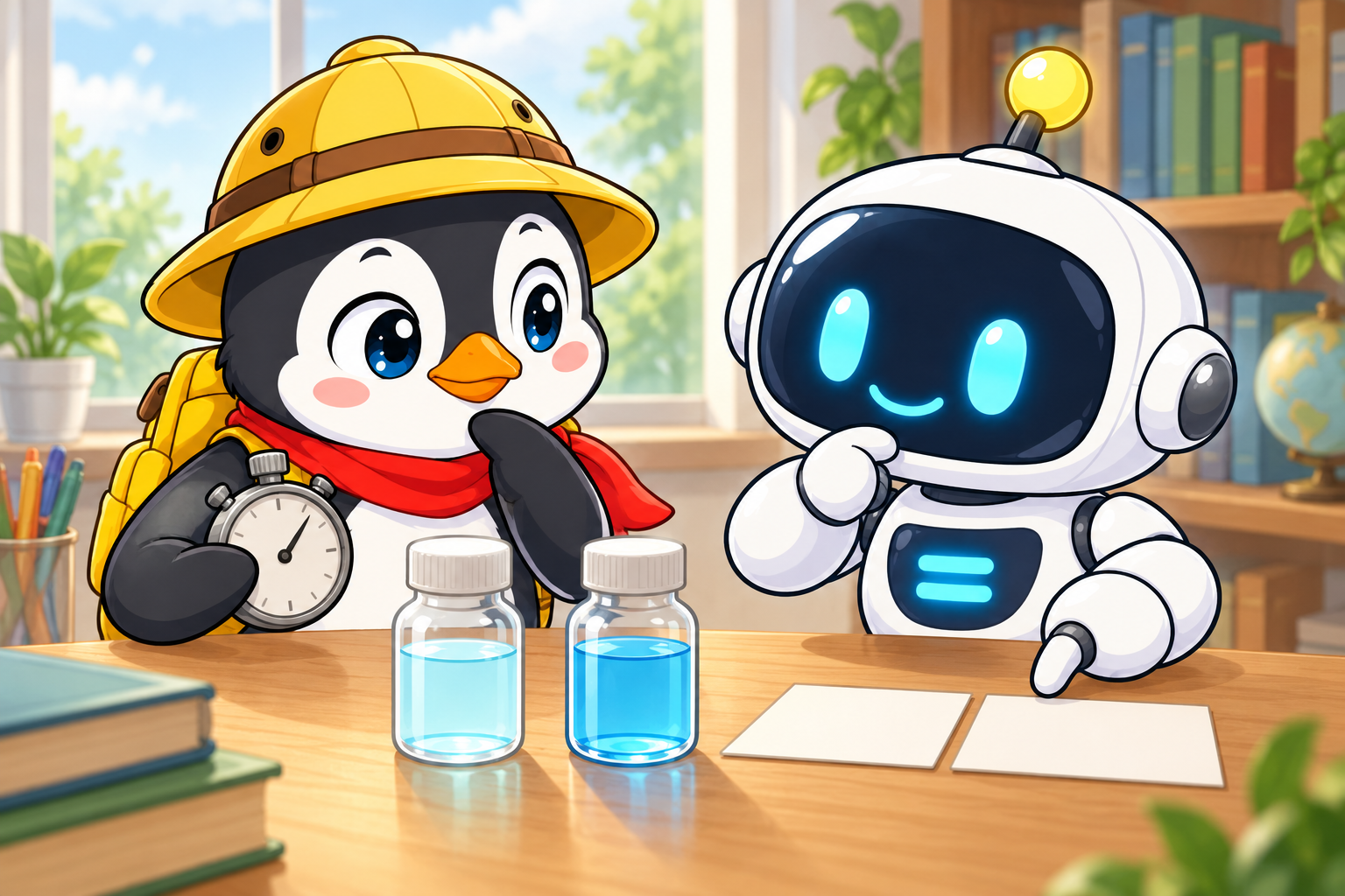 別々の試料と時計を見ながら初速度を比べるペンタとイコール。
