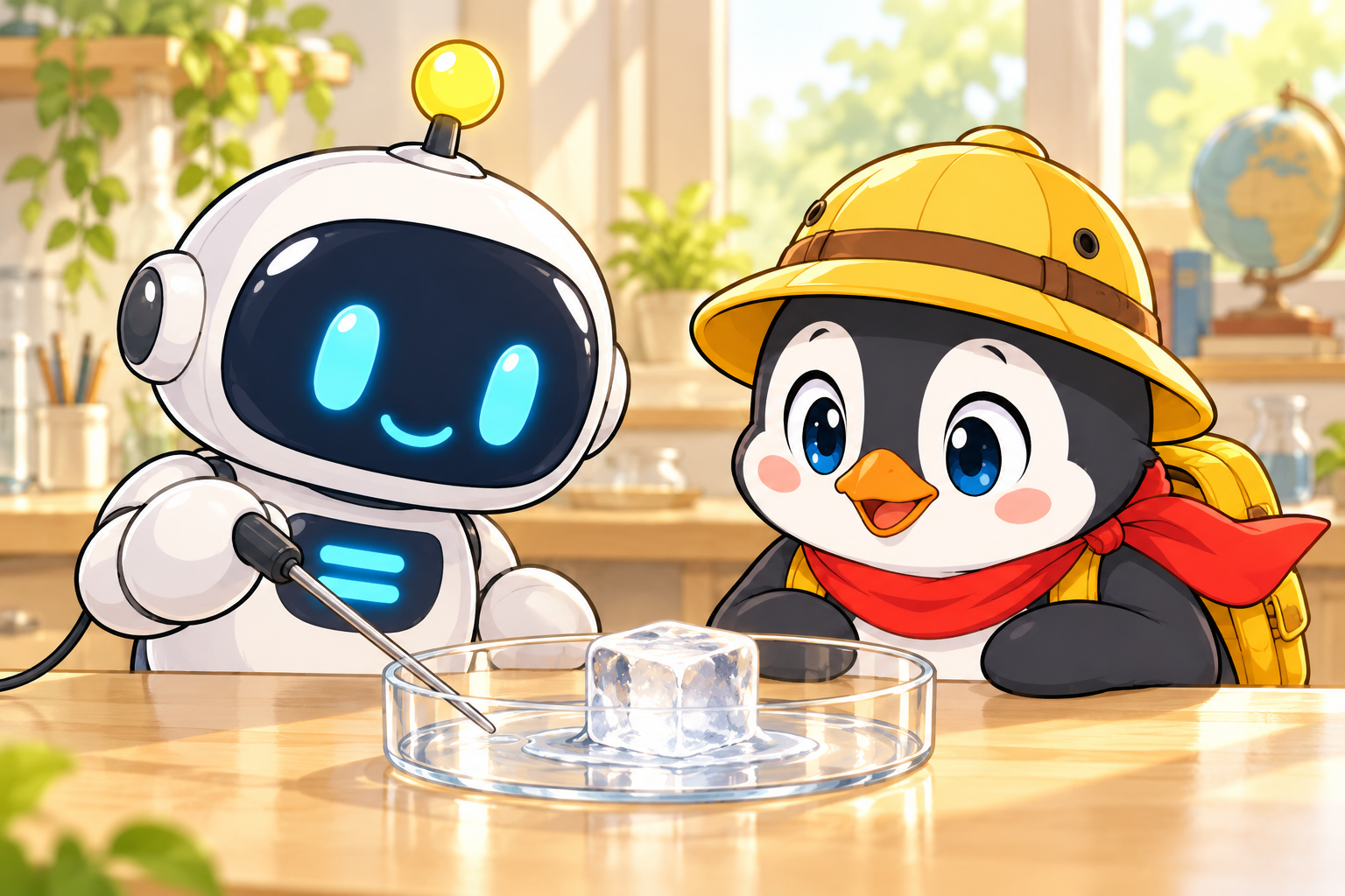 ペンタとイコールが氷と水を観察している。