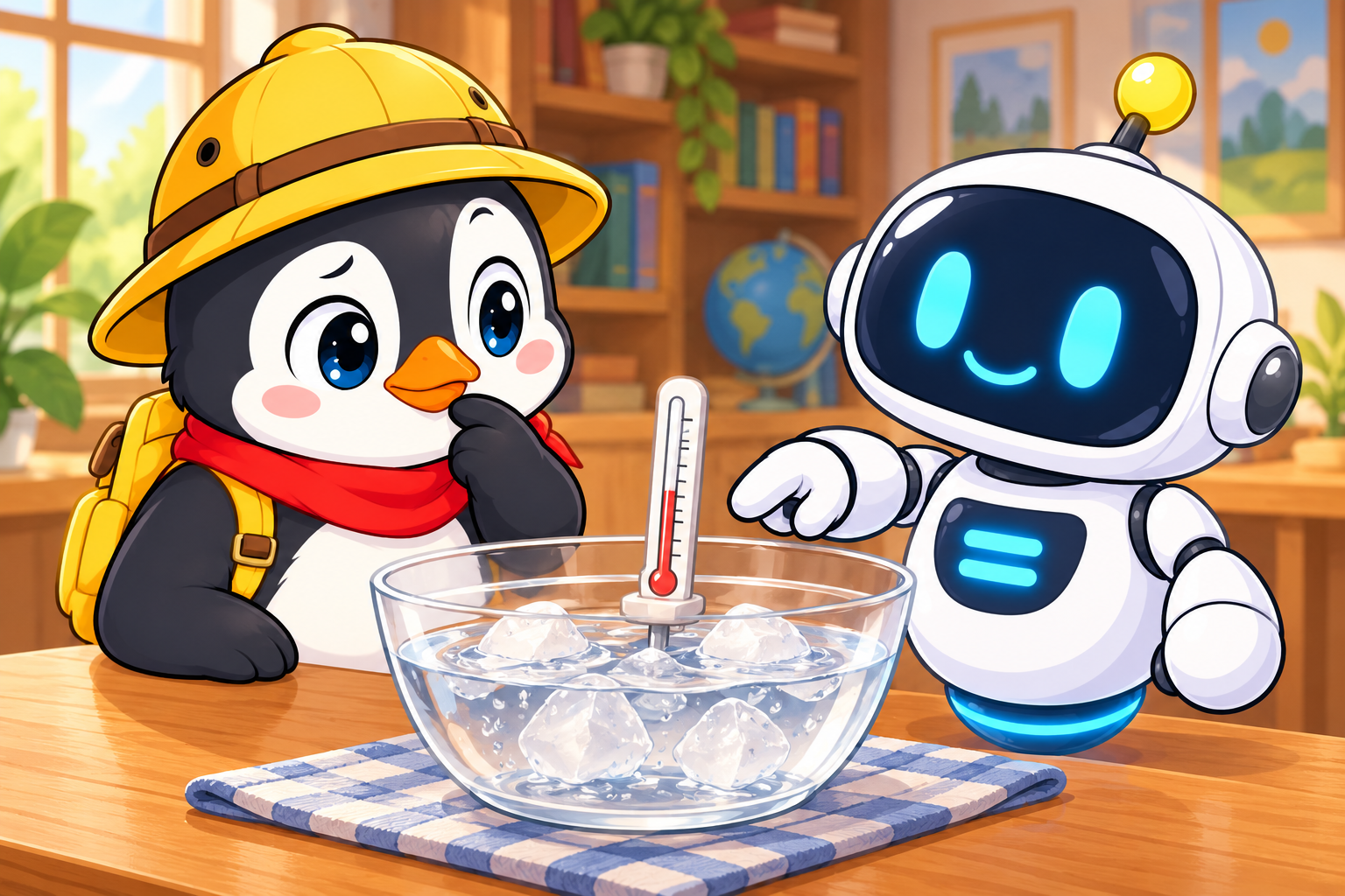 ペンタとイコールが温度計と氷の融解を観察する。