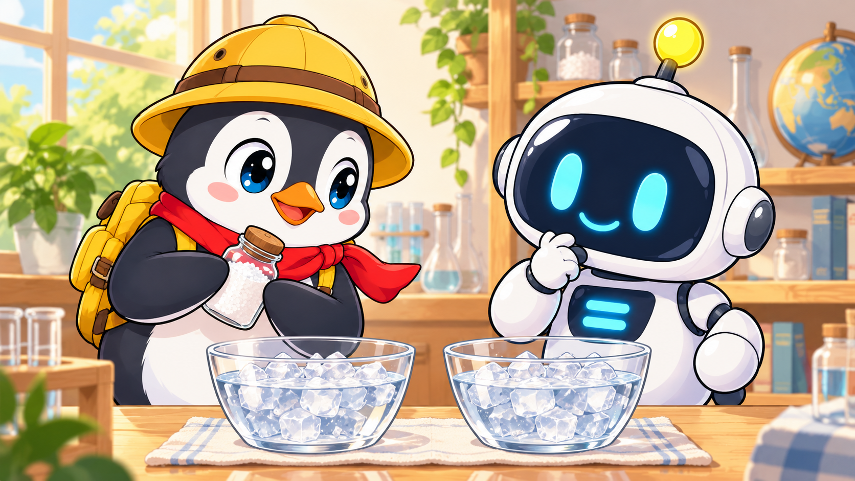 ペンタとイコールが氷と塩の場面を観察している。
