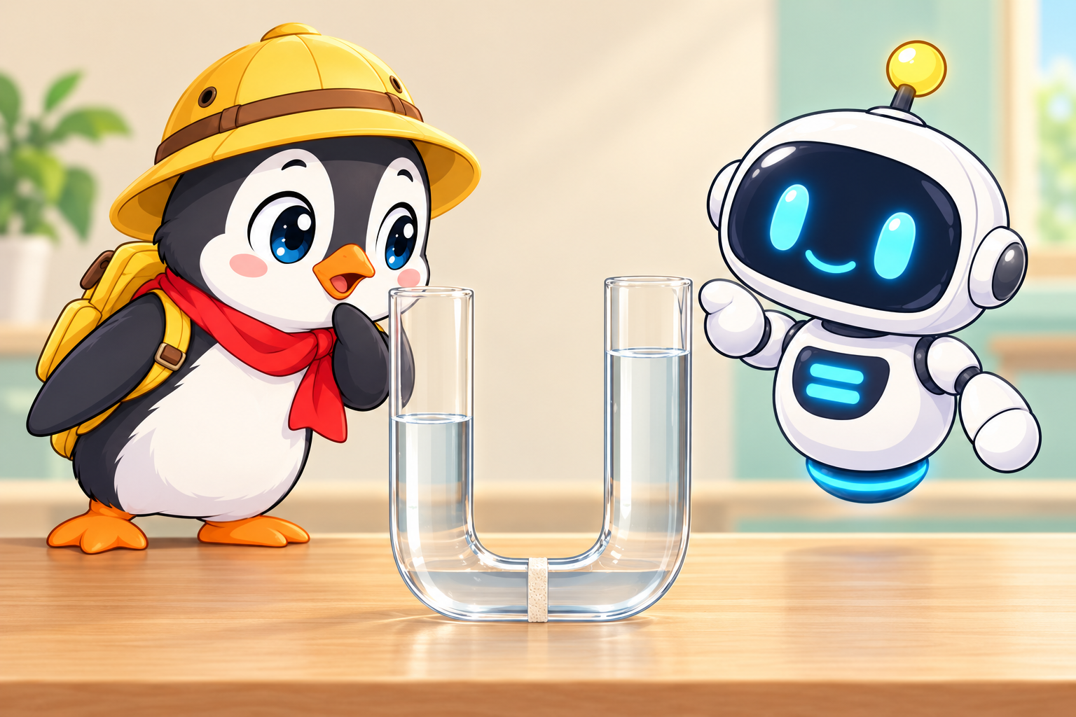 膜で隔てた容器の左右の液面を見比べるペンタとイコール。