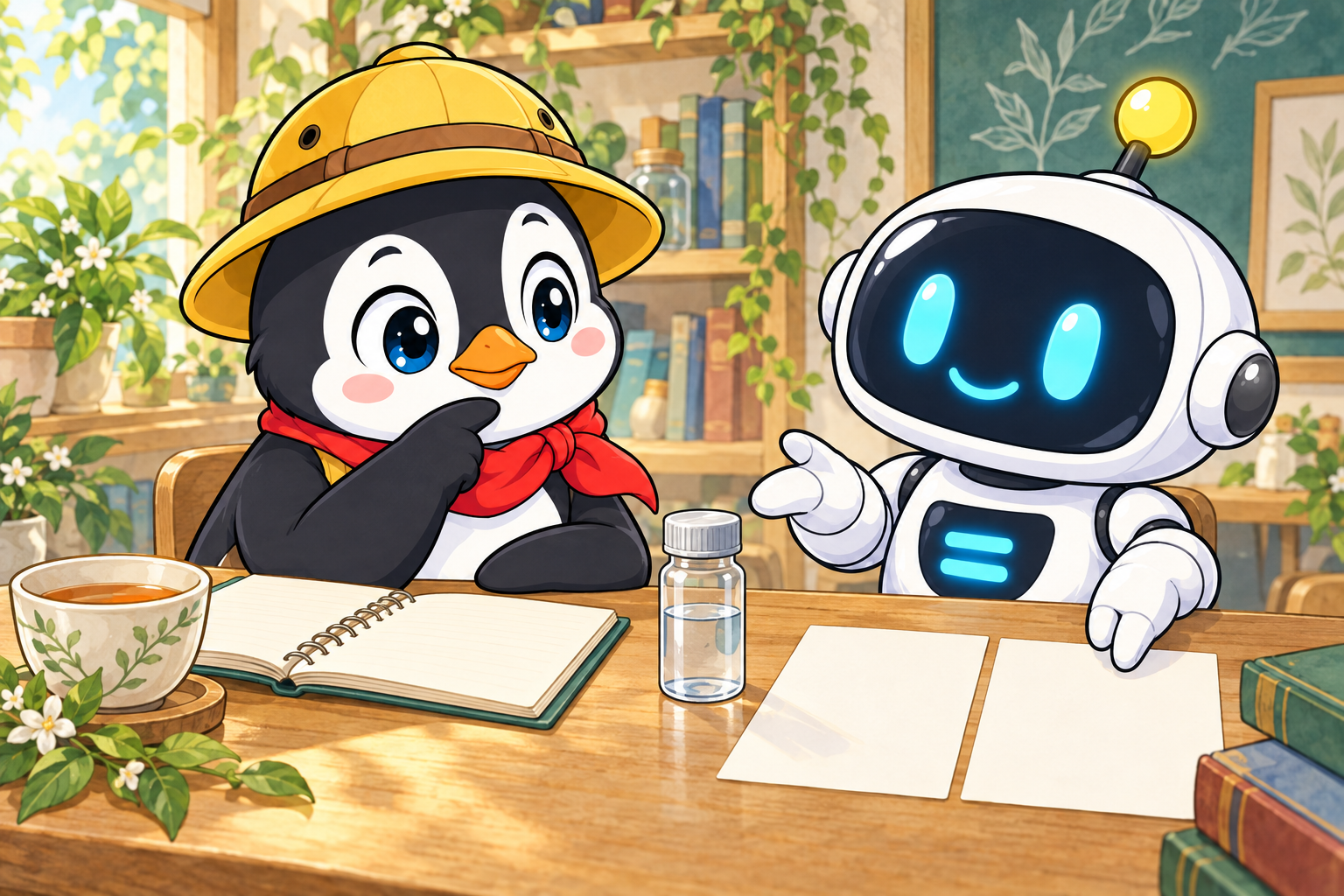 ペンタとイコールが、試料とノートを見ながら取り出す量と残る量を相談している。