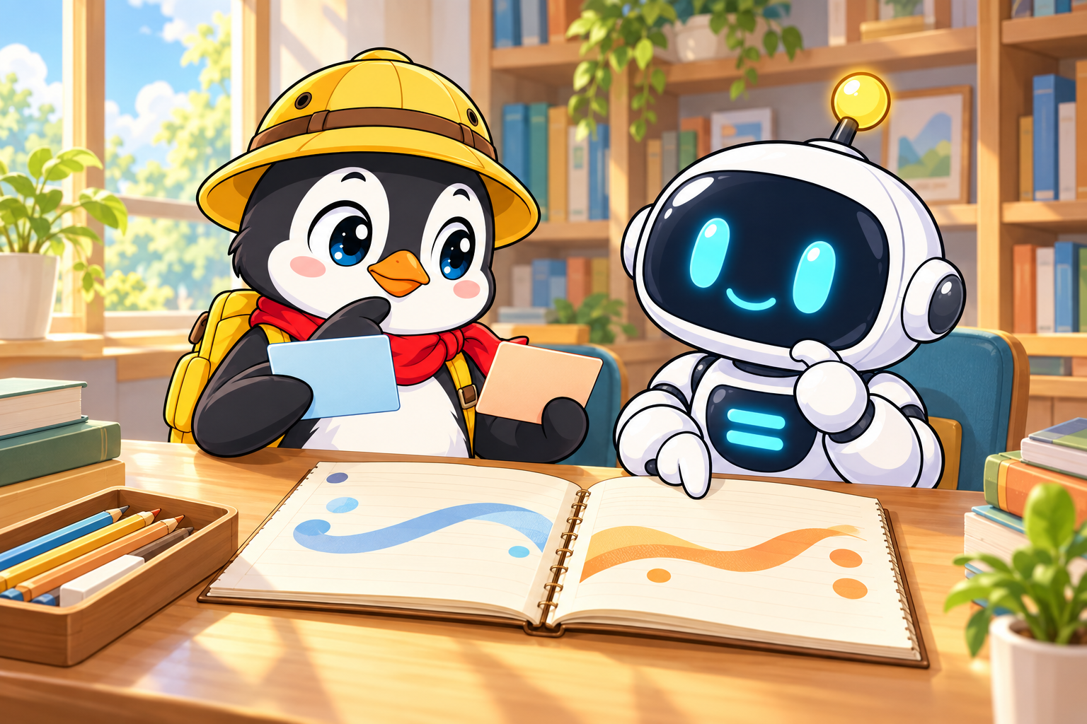 ペンタとイコールがカードとノートを前に、信号と濃度の関係を整理する学習場面。