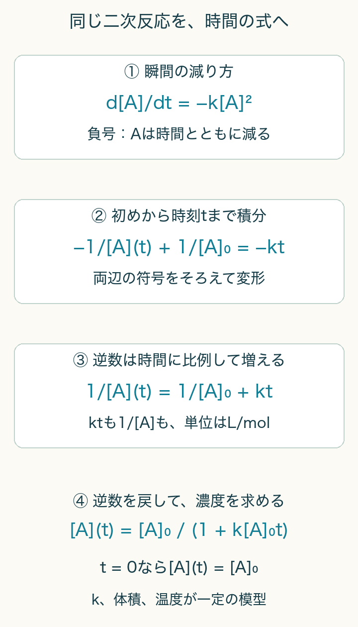 二次の瞬間速度から、負号を保った積分、逆数の時間式、濃度へ戻す式を順に示す。