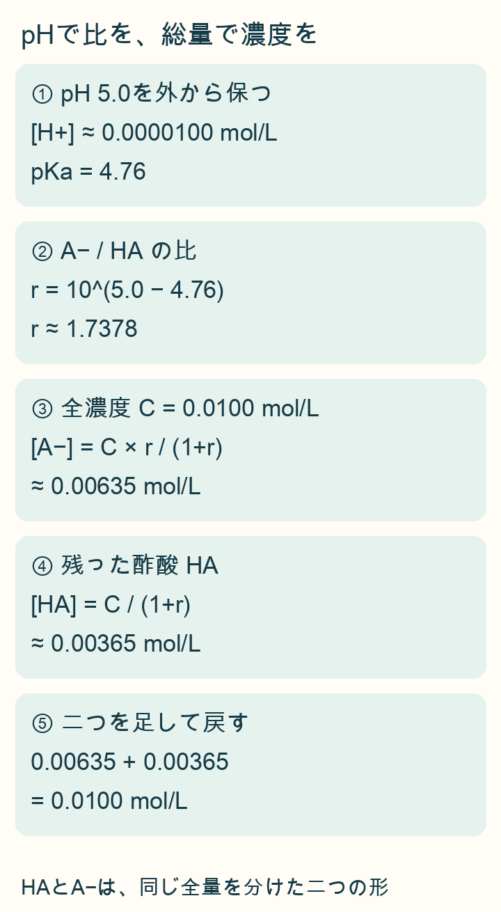 外部固定pHから比を求め、総濃度0.0100mol/LをA−0.00635とHA0.00365mol/Lへ分ける五段階。