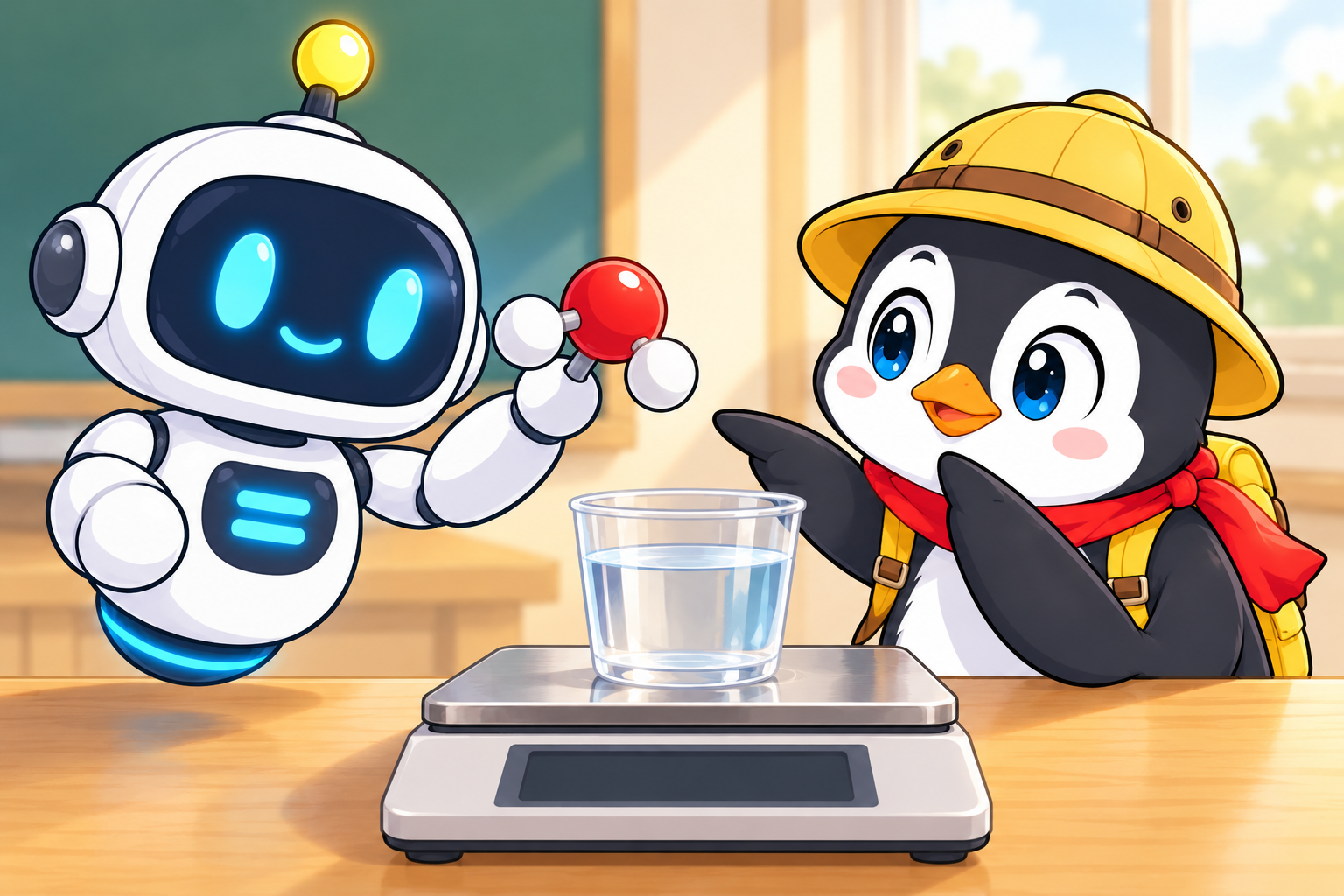 水の入ったコップと秤を見比べるペンタ。イコールは水分子の模型を持っている