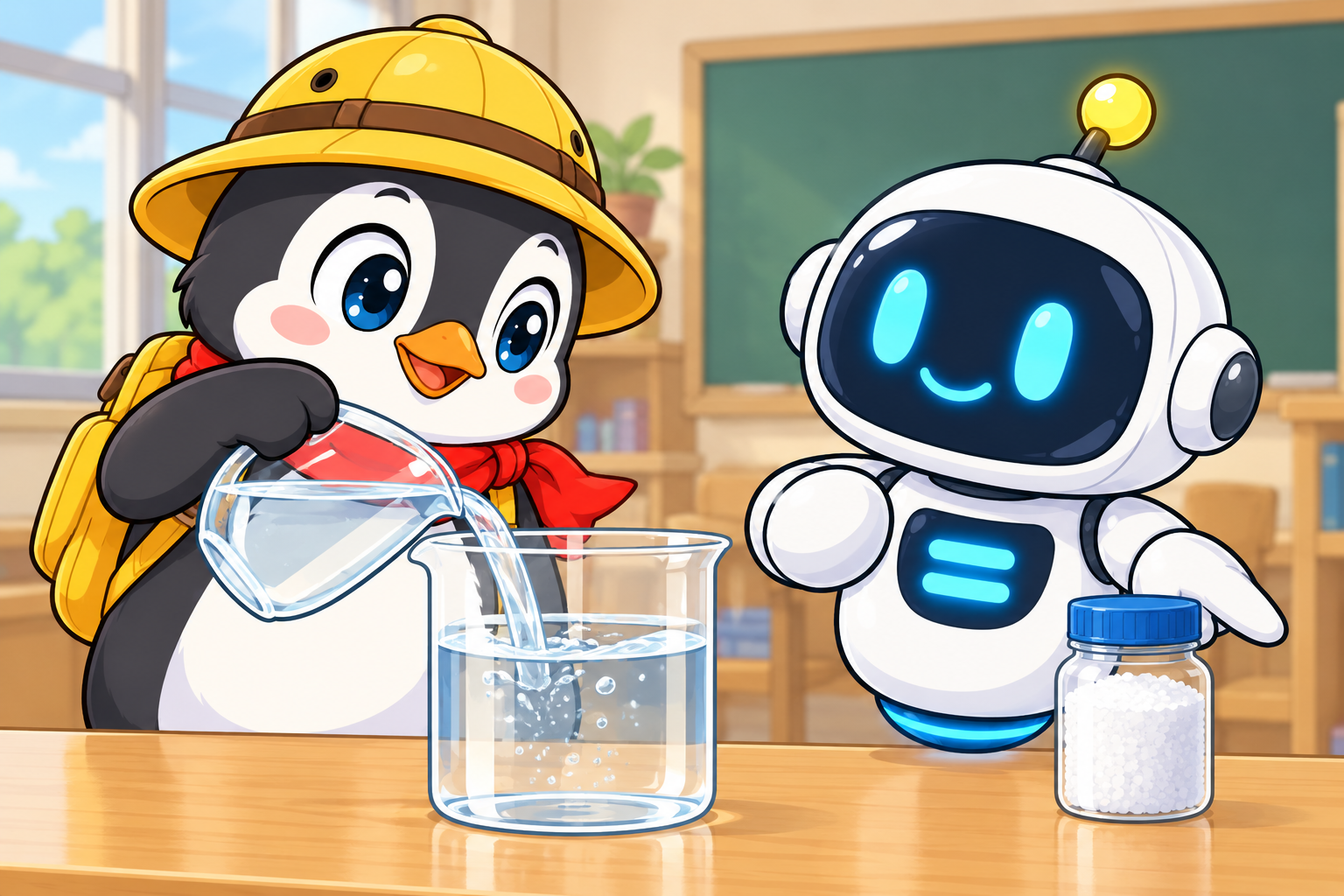 ペンタが食塩水へ水を加え、イコールが増える溶液の体積を示している。食塩の容器は横に置いたまま