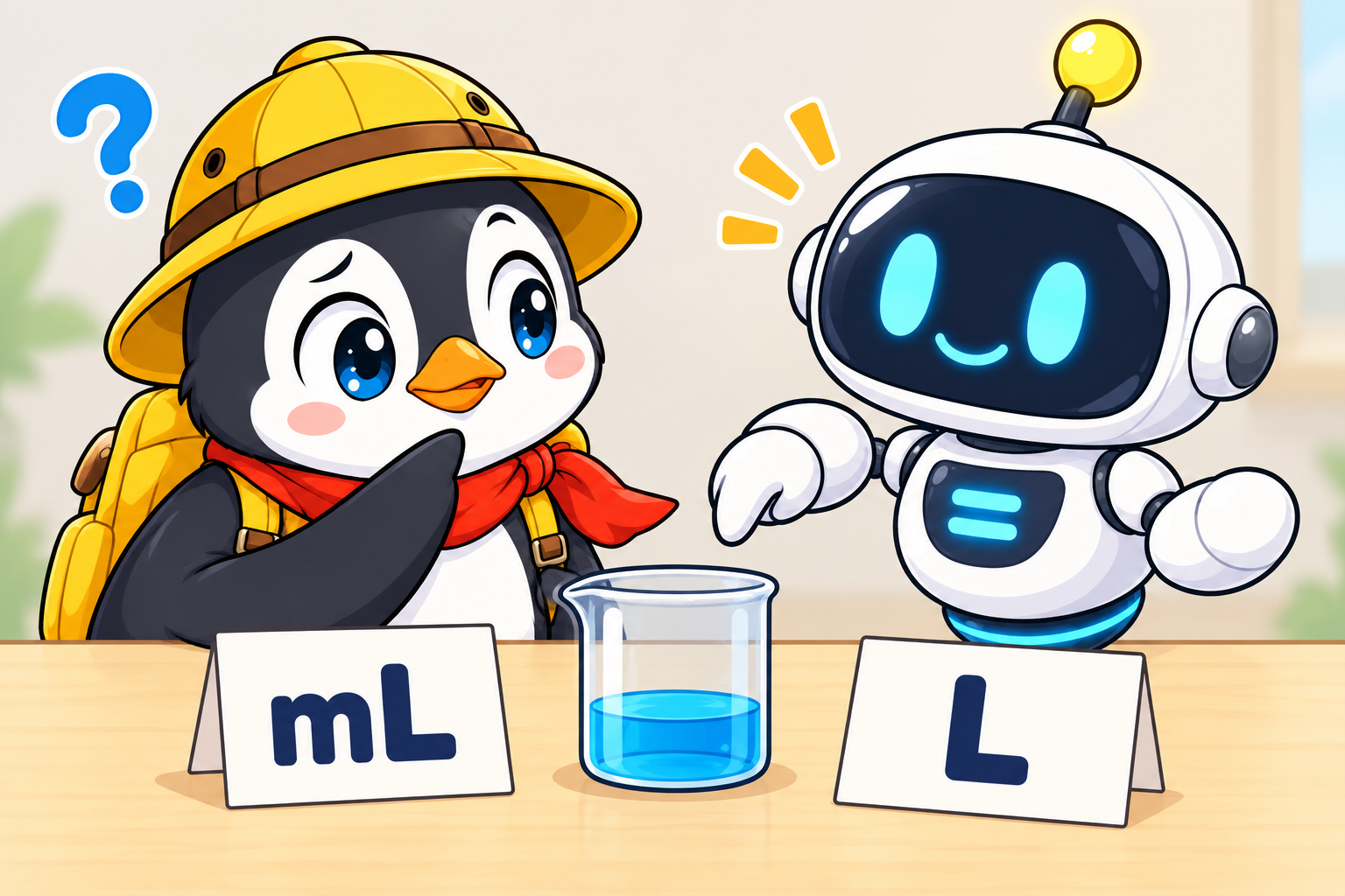 一つの容器の前にmLとLのカードを置き、単位を比べるペンタとイコール