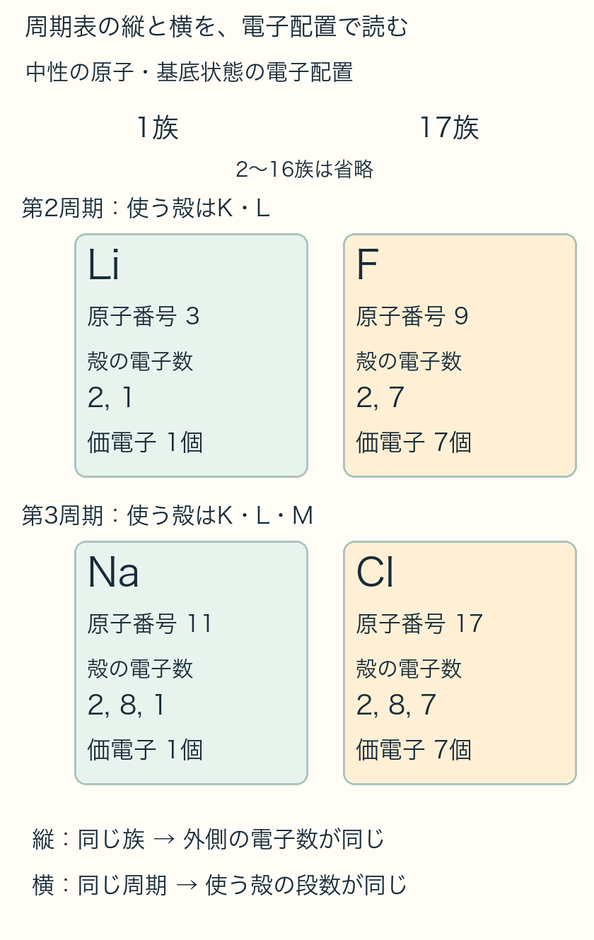 周期表から1族と17族を抽出。第2周期Liは2,1とFは2,7。第3周期Naは2,8,1とClは2,8,7。原子番号3,9,11,17、価電子1,7,1,7